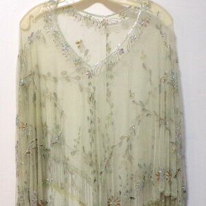 Shawl Sequin Embroidered Light Mint Green Fringe L/LX